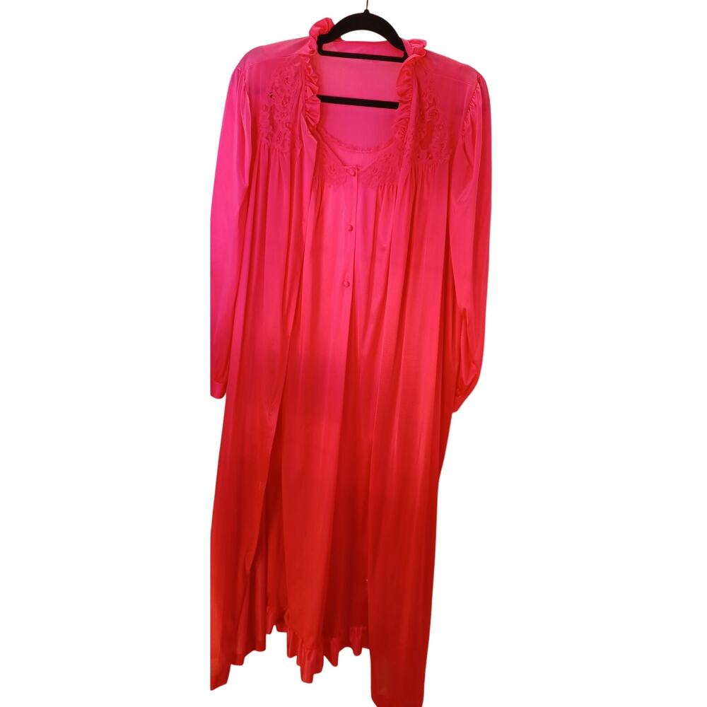 VTG Lorraine Pink Gown & Robe Set Pink Nylon Peignoir XL & Lace Trim Nightie M